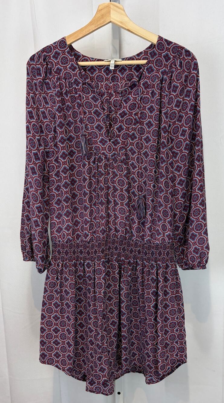 JOIE Silk Smocked Mini Dress Tie Neck Blouson Long Sleeve Blue Red Size M